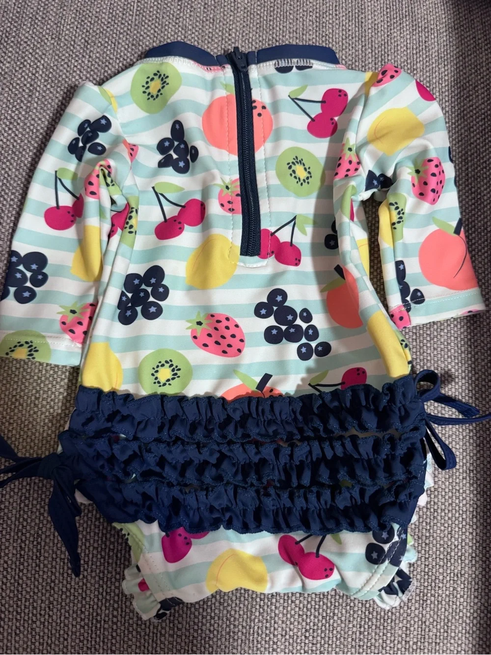 Ruffle Butts Pastel Fruit Print Long Sleeve Bathing Suit - Navy Trim